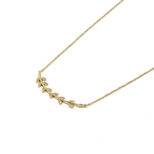 Gold necklace with a curved row of leaf-shaped charms encrusted with small diamonds on a white background. - Or - Delicate gold chain necklace featuring a leaf-inspired central pendant with small stones.