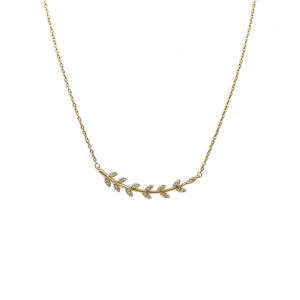 Gold necklace with a curved vine design adorned with small crystals leaves.