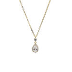 Gold chain necklace with a pear-shaped diamond pendant surrounded by smaller stones on a white background.