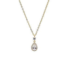 Gold chain necklace with a pear-shaped diamond pendant surrounded by smaller stones on a white background.