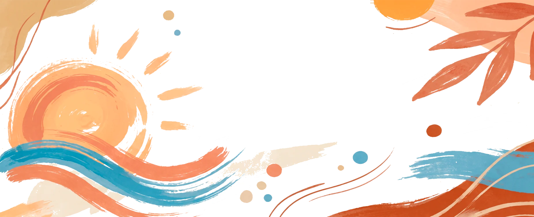 Abstract watercolor-style background with orange, teal, and beige brushstrokes and leaf motifs