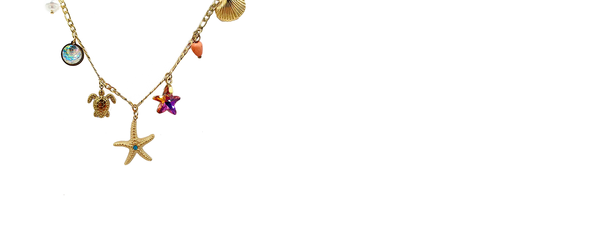 Gold chain necklace with multiple charms: iridescent round pendant, small pink heart bead, turtle charm, purple-pink star charm, and a central gold starfish pendant with a blue gemstone, all against a light background.