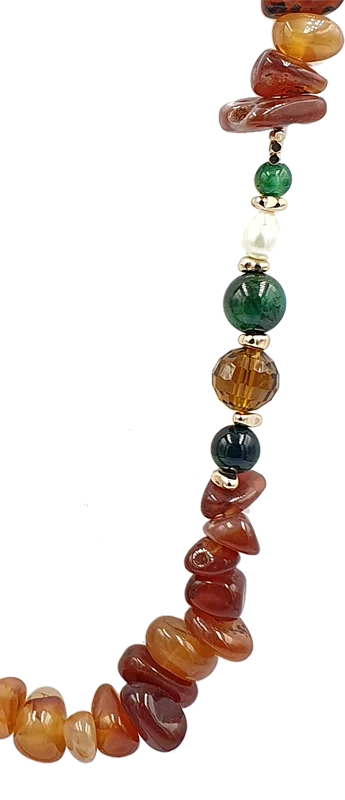 Colorful gemstone bead necklace with amber, red, orange, green, and clear beads and small gold spacers.