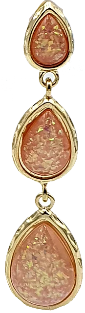 Gold-tone pendant with three connected teardrop pink stones framed in gold, dangle style.